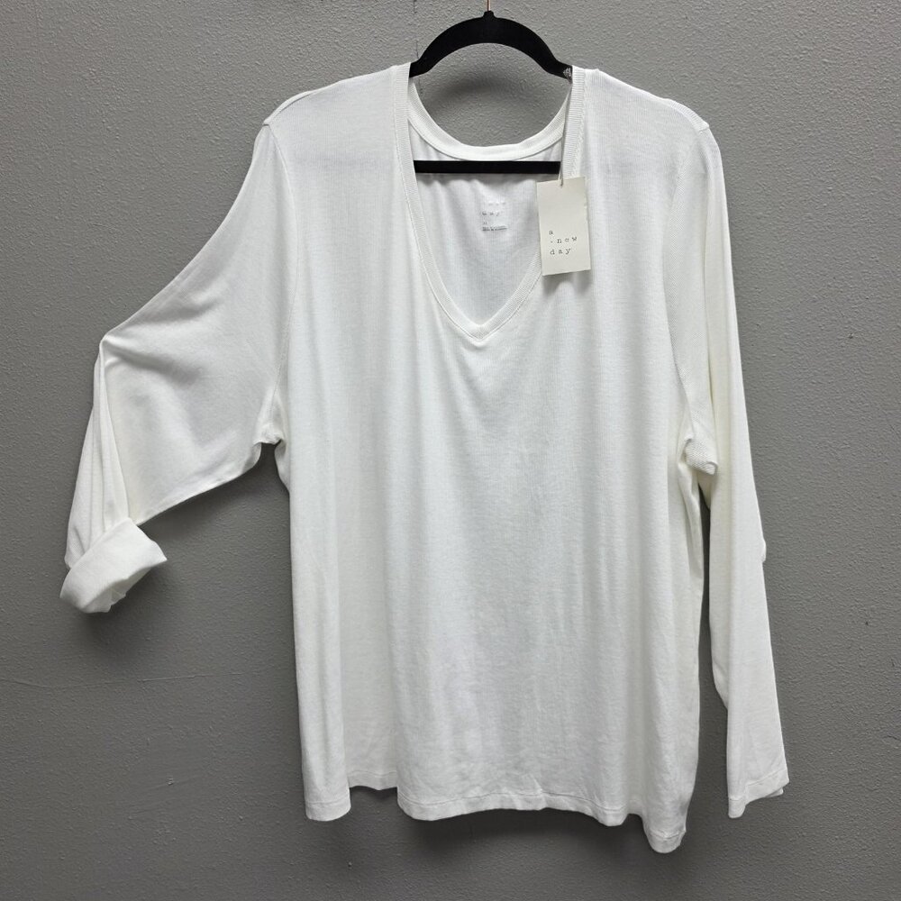 A New Day Shirt Womens 3X White Long Sleeve V-Neck Soft Stretch Plus Top Modal - Picture 1 of 12